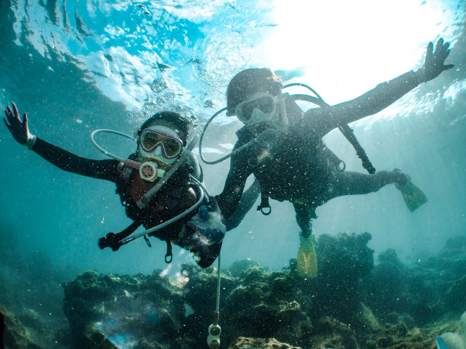 Underwater shot of two people diving Underwater shot of two people diving